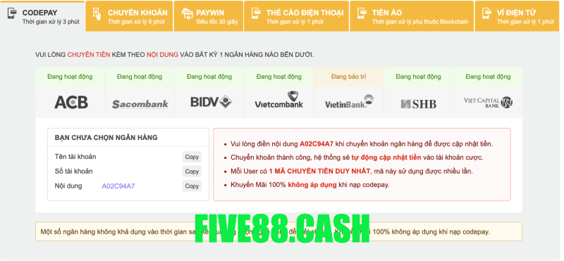 Nạp tiền Five88 trực tuyến