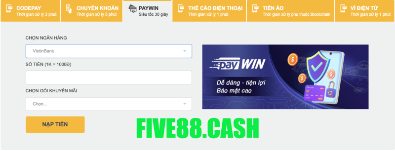 Nạp tiền Five88 bằng mã QR code