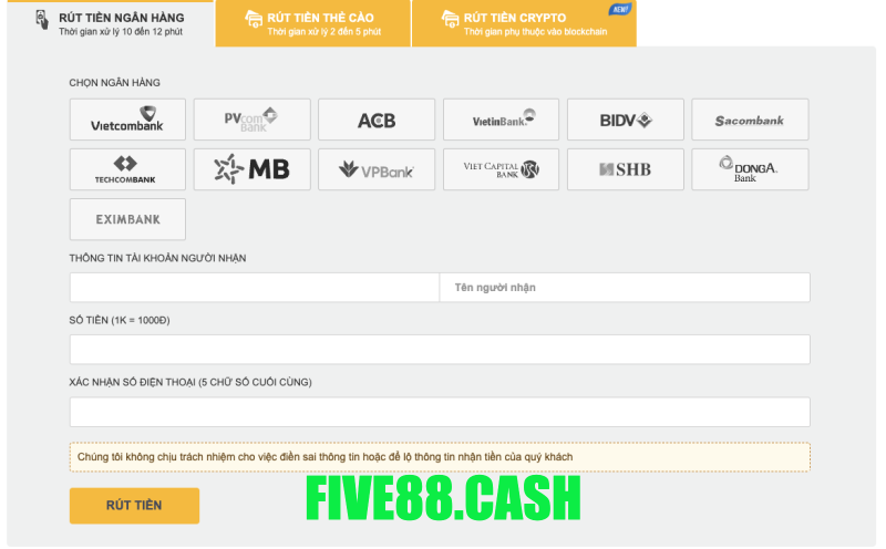 Rút tiền Five88 ngân hàng
